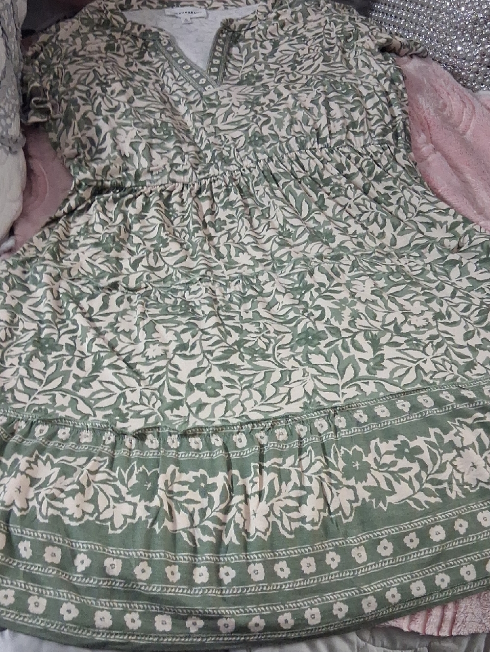 Lucky Brand Green and Cream Floral Cotton Boho Dress